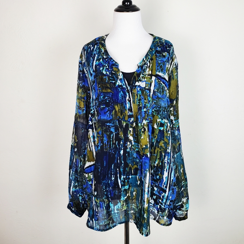 Miraclesuit Blouse Top Shapewear Popover Blue Pattern Artsy Beach Spring Summer
